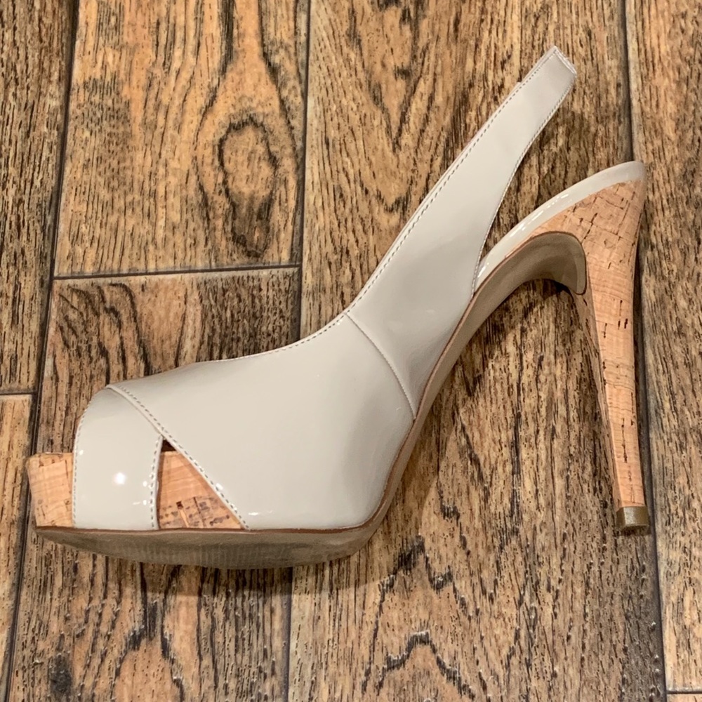 GUESS Natural Cork Slingback Peep Toe Platforms